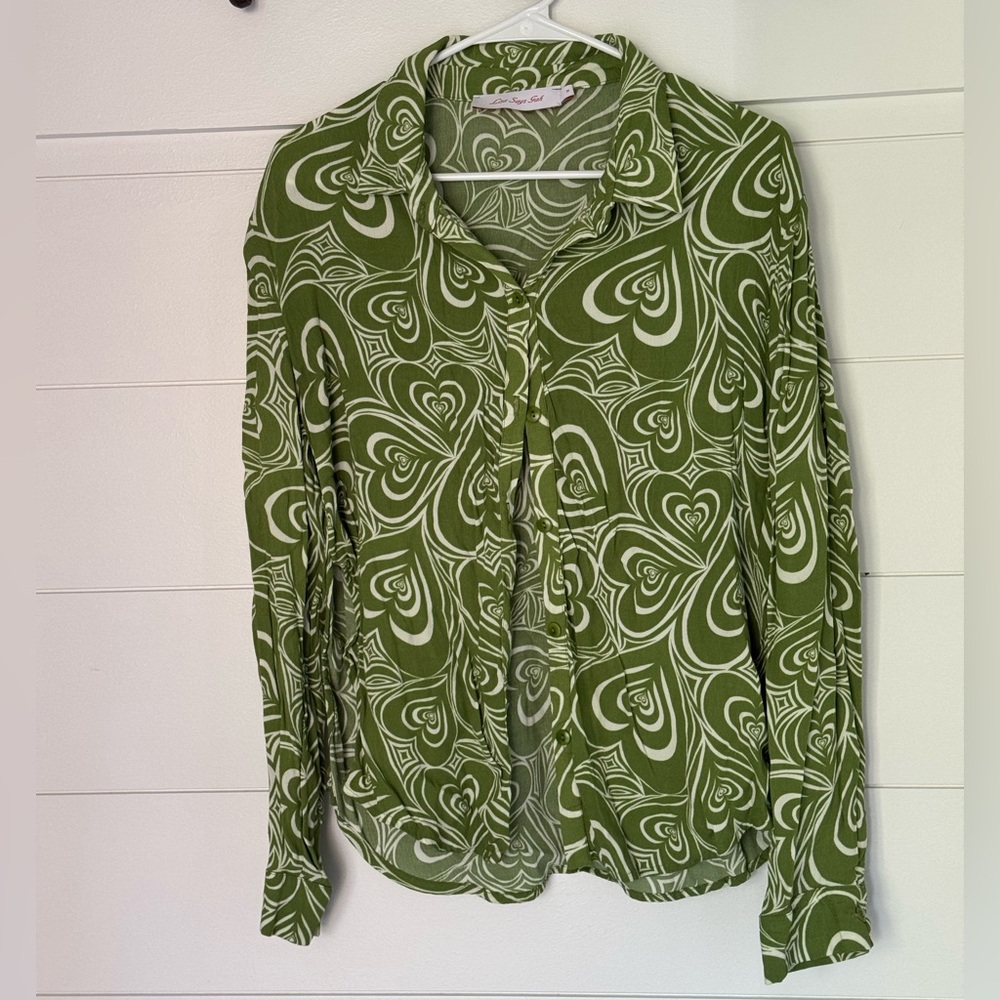 Lisa Says Gah Olive and Cream Heart Blouse, Women’s M